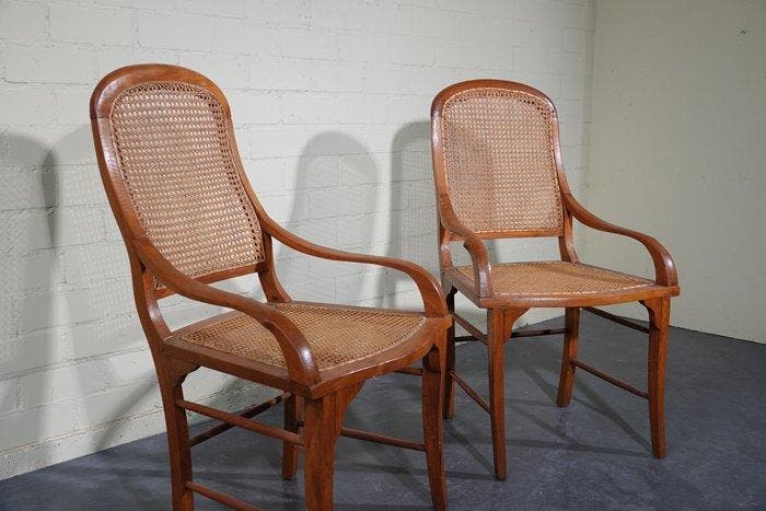 Fauteuil - Hout - Twee fauteuils met houten frame en geweven, Antiek en Kunst, Curiosa en Brocante