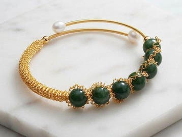 Plaqué or - Bracelet - agate verte et perle douce