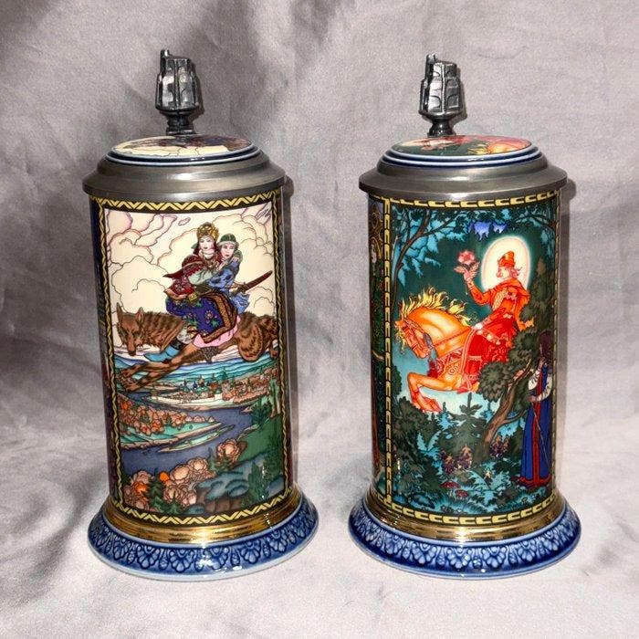 Villeroy & Boch, Mettlach - Bierpul (4) - Porselein, Tin -, Antiquités & Art, Antiquités | Verre & Cristal
