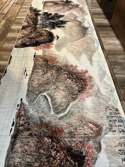 Zijde en rijstpapier aquarel landschap grote rol - China -, Antiek en Kunst, Antiek | Overige Antiek