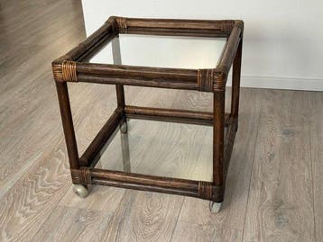 Bijzettafel - Bamboe, Glas - Bamboe-frame met rattan, Antiek en Kunst
