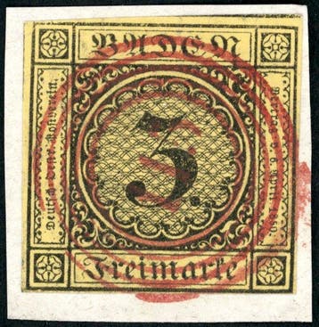 Baden 1851 - Rode NmSt. 115 voor Rastatt op 3 Kr. en rode, Gestempeld