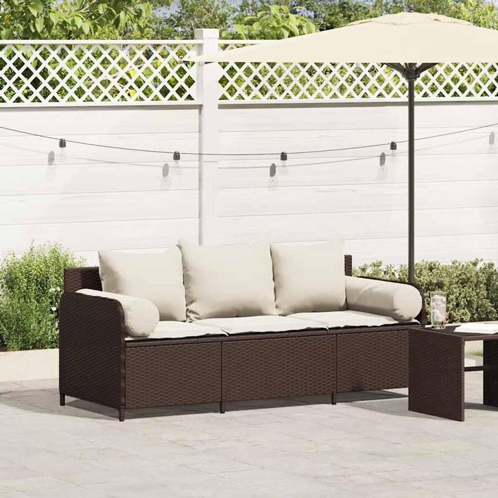 vidaXL Tuinbank 3-zits met kussens poly rattan bruin, Tuin en Terras, Tuinsets en Loungesets, Nieuw, Verzenden