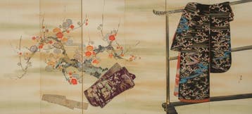 Byôbu  (vouwscherm) - Gelakt hout, zijde, brokaat - Japan