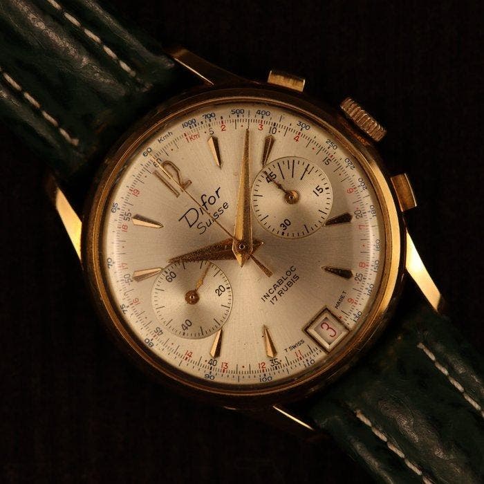 Difor Suisse - Cheinograph Solid 18k Gold - Zonder, Handtassen en Accessoires, Horloges | Heren