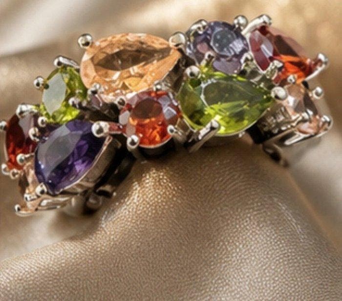 925 Sterling Zilver Tuttifruti Bloemenring: amethisten,, Handtassen en Accessoires, Ringen