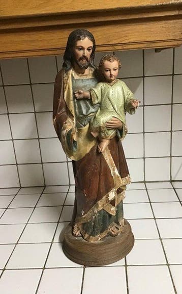 Statue, Oud houten beeld heilige Sint Jozef en kind Jezus -