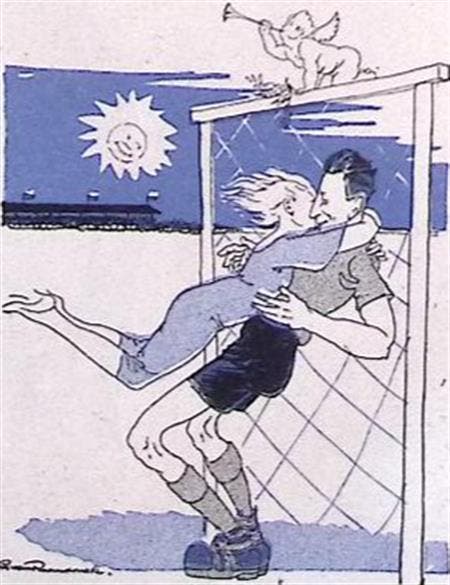 Vrouw omhelst voetballer op spotprent (lijst optie, Lithos), Antiek en Kunst, Kunst | Litho's en Zeefdrukken, Verzenden