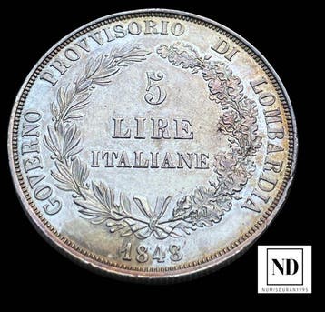 Italië, Voorlopige regering van Lombardije 5 Lire 1848