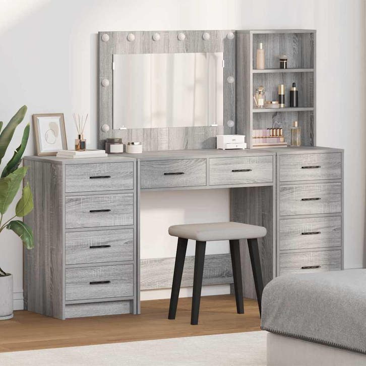 vidaXL Kaptafel met spiegellichten 3 pcs Grijs Sonoma, Huis en Inrichting, Tafels | Kaptafels, Nieuw, Verzenden