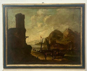 Scuola italiana (XVII-XVIII) - Capriccio costiero con torre,, Antiek en Kunst
