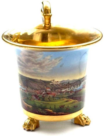 Ansichten Tasse Passau Porzellan mit Untertasse - Golddekor