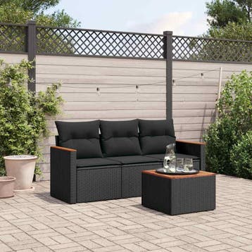 vidaXL 4-delige Loungeset met kussens poly rattan zwart, Tuin en Terras, Verzenden, Nieuw, Loungeset