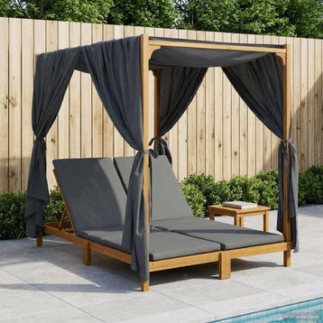 vidaXL Tweepersoons ligbed met luifel en gordijnen Massief, Tuin en Terras, Verzenden, Nieuw