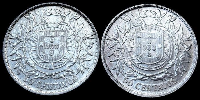 Portugal. República. Lote de 2 Moedas de Prata: 50 Centavos, Timbres & Monnaies, Monnaies | Europe | Monnaies non-euro
