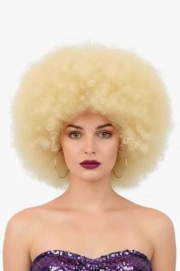 KIMU® Pruik Afro Lichtblond Disco met Gratis 2x Haarnetje Bl, Ophalen of Verzenden, Nieuw