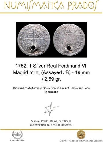 Spanje. Fernando VI. 1 Real 1752 Madrid mint JB (Zonder