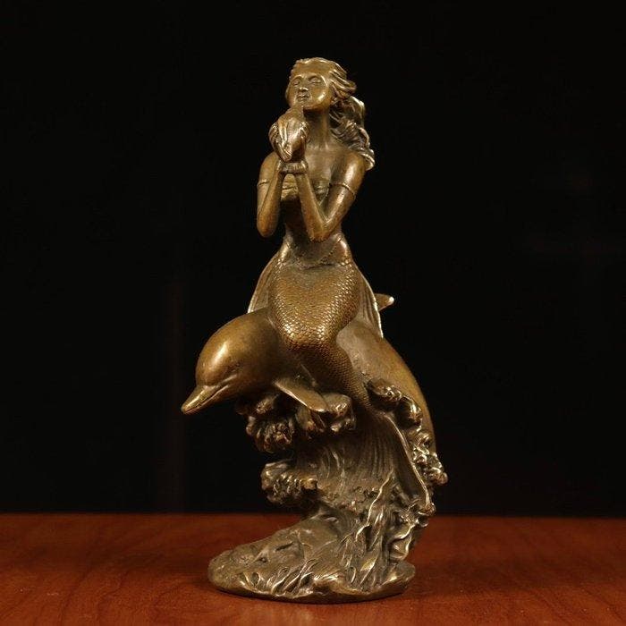 Beeld, The Mermaid Blowing a Conch Shell - 17 cm - Koper, Antiek en Kunst, Curiosa en Brocante