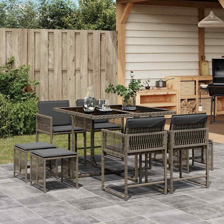 vidaXL 9-delige Tuinset met kussens poly rattan grijs, Tuin en Terras, Tuinsets en Loungesets, Tuinset, Nieuw, Verzenden