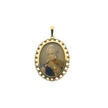Antiek gouden hanger met emaille portret en diamanten; 0,..., Handtassen en Accessoires, Bedels, Ophalen of Verzenden, Gebruikt