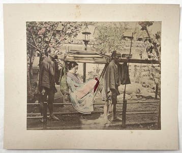 Anonymous - Japan: A woman with porters in a kago, carrying, Antiek en Kunst