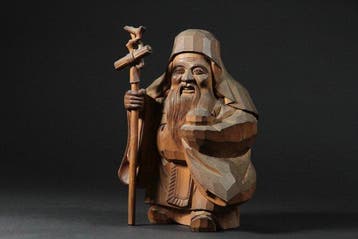 Wooden Jurojin, God of Longevity and One of Japan’s Seven