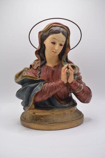 Buste, Virgen orante - 22 cm - Polychroom stucwerk, Kristal, Antiek en Kunst