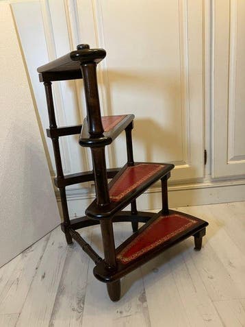 Marches - bois, cuir - Échelle de bibliothèque antique