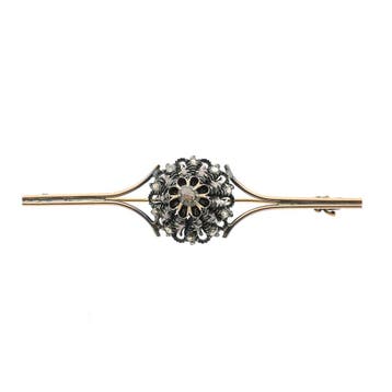 Antiek goud met zilveren broche met diamanten; ca. 0,25 ct., Handtassen en Accessoires, Broches, Gebruikt, Ophalen of Verzenden