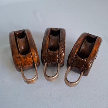 Roues de poulie / blocs, Ship’s pulley (3) - Laiton, Bois,, Antiquités & Art