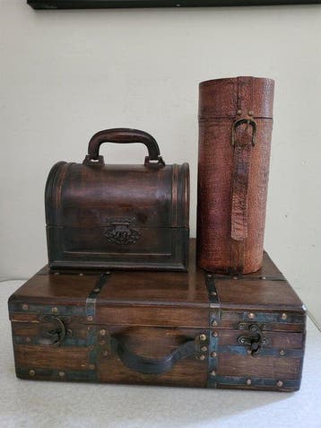 Doos (3) - hout leder, metaal koper - houten koffers