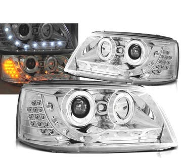 PHARES VW T5 03-09 AVEC CLIGNOTANTS LED DAYLIGHT CHROMÉ, Autos : Pièces & Accessoires, Verzenden