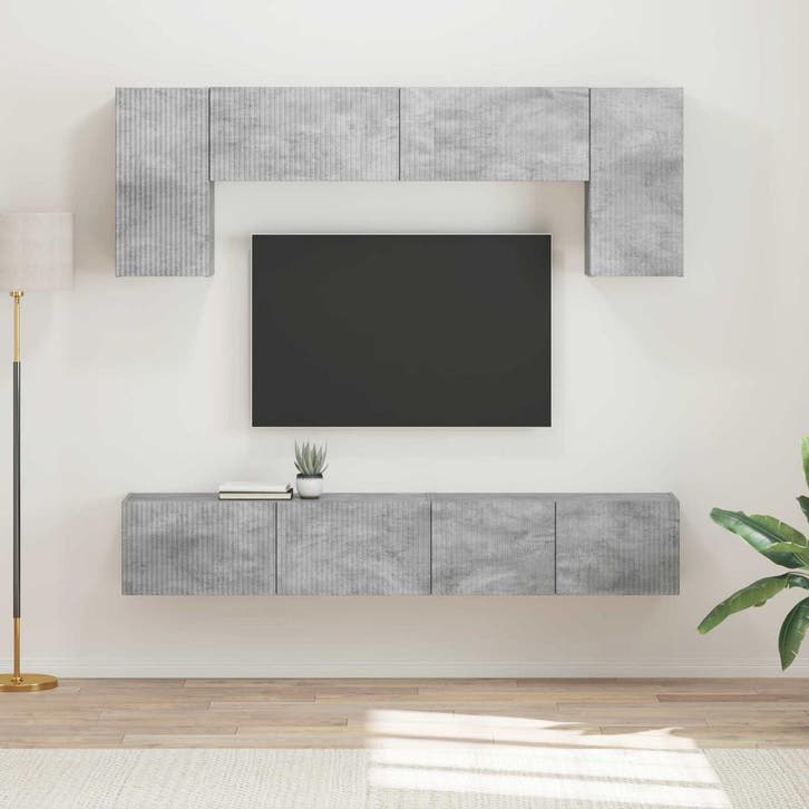vidaXL Tv-meubelset Wandgemonteerd 4 pcs Beton Grijs Bewerkt, Huis en Inrichting, Kasten |Televisiemeubels, Nieuw, Verzenden