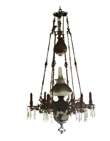 Plafondlamp - Petroleum, zes lichten, eclectisch, bloemig
