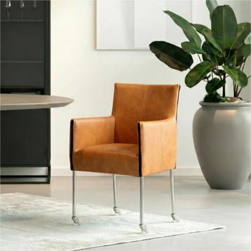 Set van 8 Leren eetkamerstoelen More - Vintage Cognac, Huis en Inrichting, Stoelen, Ophalen of Verzenden, Nieuw, Leer