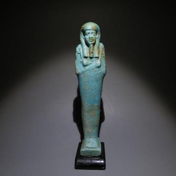Oud-Egyptisch Faience Prachtige grote Shabti. 16,5 cm hoog.