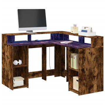 vidaXL Bureau met LED-verlichting 130x130x91 cm hout gerookt, Verzenden, Nieuw