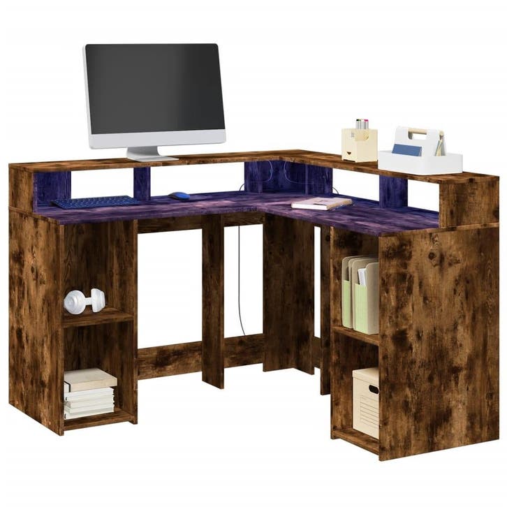vidaXL Bureau met LED-verlichting 130x130x91 cm hout gerookt, Maison & Meubles, Bureaux, Envoi