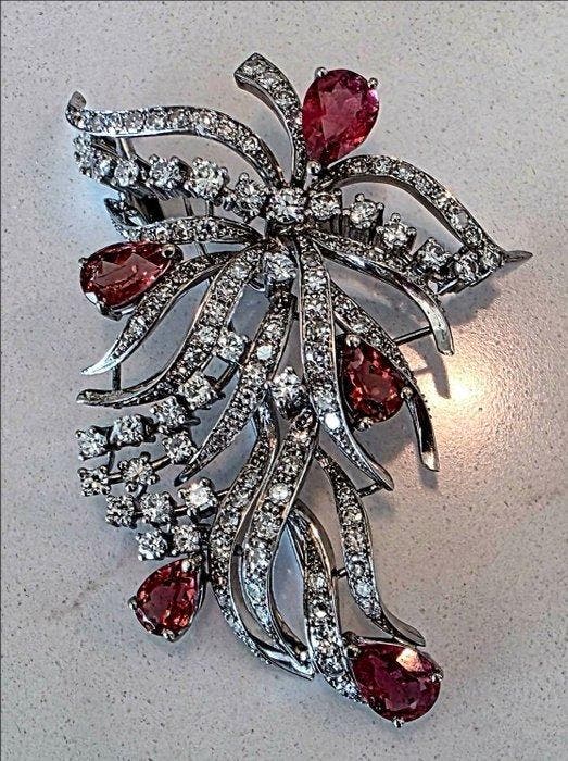 Broche - 18 karaat Witgoud - 9.81ct. tw. Toermalijn -, Handtassen en Accessoires, Antieke sieraden