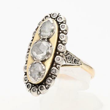 Ring - 14 karaat Geel goud, Zilver - Diamant; roos geslepen