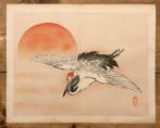 Antieke Japanse houtblok prent van een kraanvogel bij, Antiek en Kunst