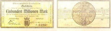 Duitsland 100 Millionen Mark Notgeld Crailsheim 1923 selten, Verzenden