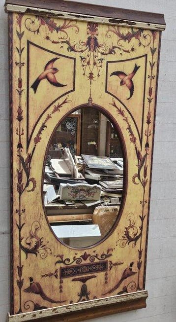 Spiegel - Hout - Wandspiegel van hout met zeefdrukdecoratie, Antiek en Kunst