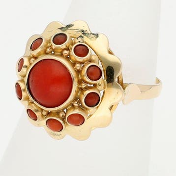 Bague - 14 carats Or jaune - corail rouge, Nieuw