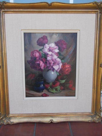 Edgard Locks(XX) - Bloemenstilleven met Rozen, Antiek en Kunst, Kunst | Schilderijen | Klassiek