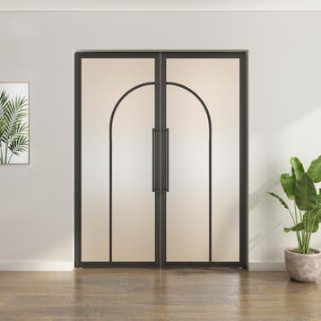 Dubbele stalen taatsdeur - Zwart - 2 Vlaks rond - Mat glas*, Minder dan 80 cm, Overige typen, Nieuw, Metaal