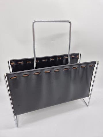 Mid-Century - Tijdschriftenhouder - Leder, Chroom, Staal