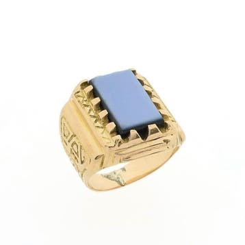 Gouden zegel/pinkring met blauwe lagensteen, 18 tot 19, Gebruikt, Heer, Ophalen of Verzenden