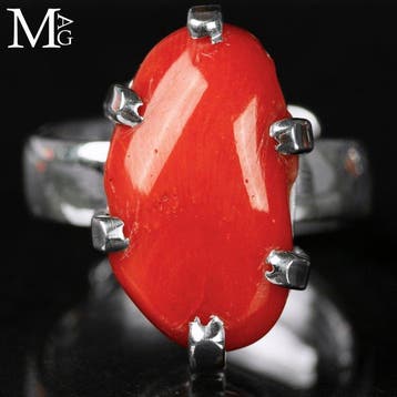 Sterling zilveren ring met natuurlijk Sardijns rode koraal -, Verzamelen, Mineralen en Fossielen
