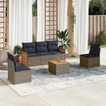 vidaXL 6-delige tuinbankset met kussens, grijs polyrotan, Verzenden